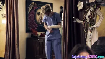 Sapphic babes squirting in group scene