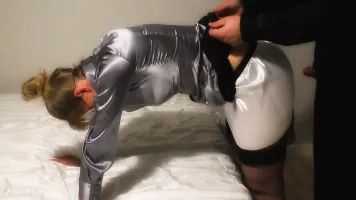 Satin blouse secretary in 10 denier stockings