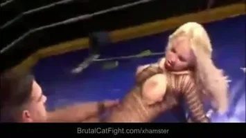Two cleaning ladies fight in the boxing ring and gets fucked