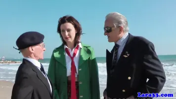 Uniformed milf spitroasted by old guy in trio